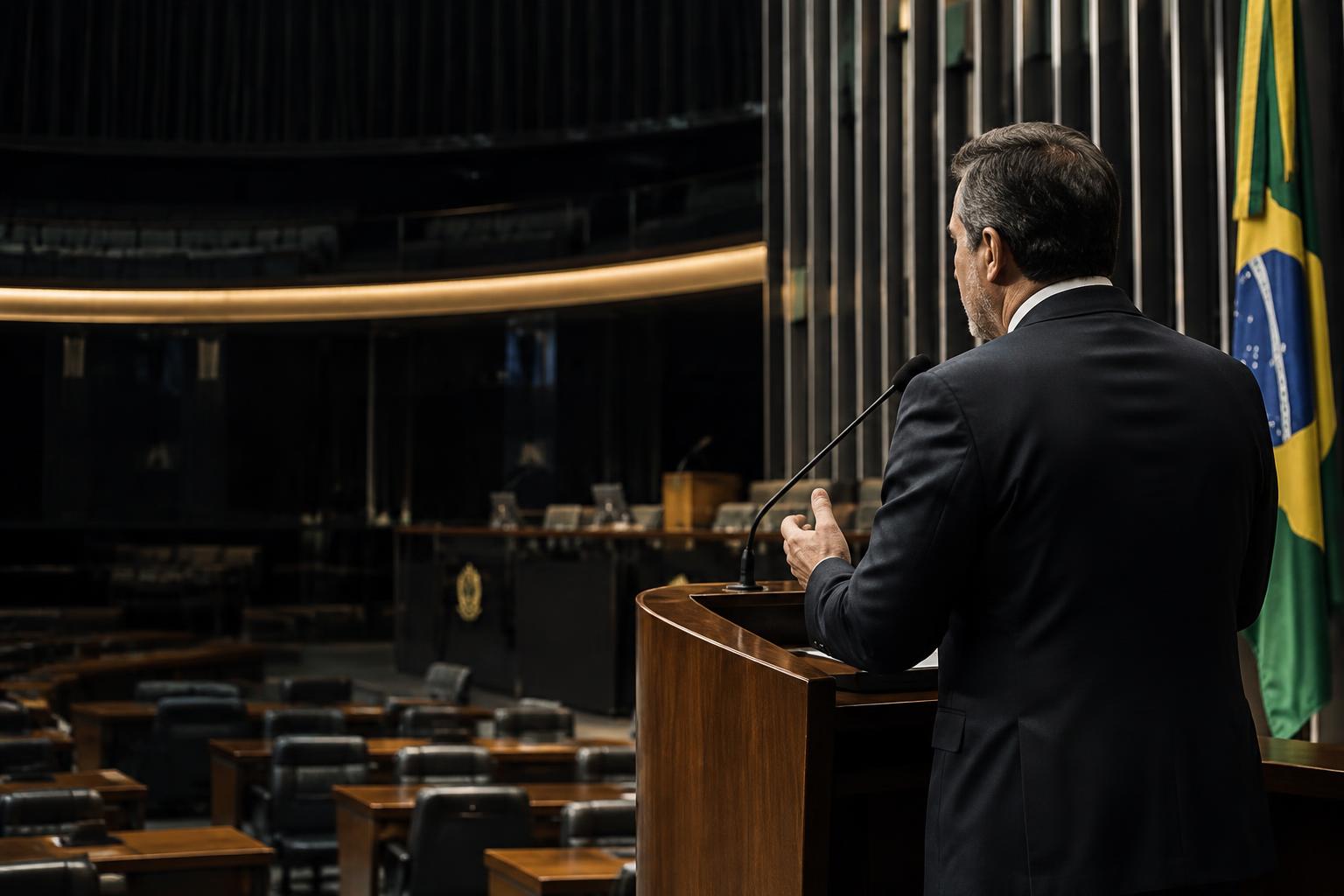 Representante político em uma tribuna no ambiente legislativo brasileiro